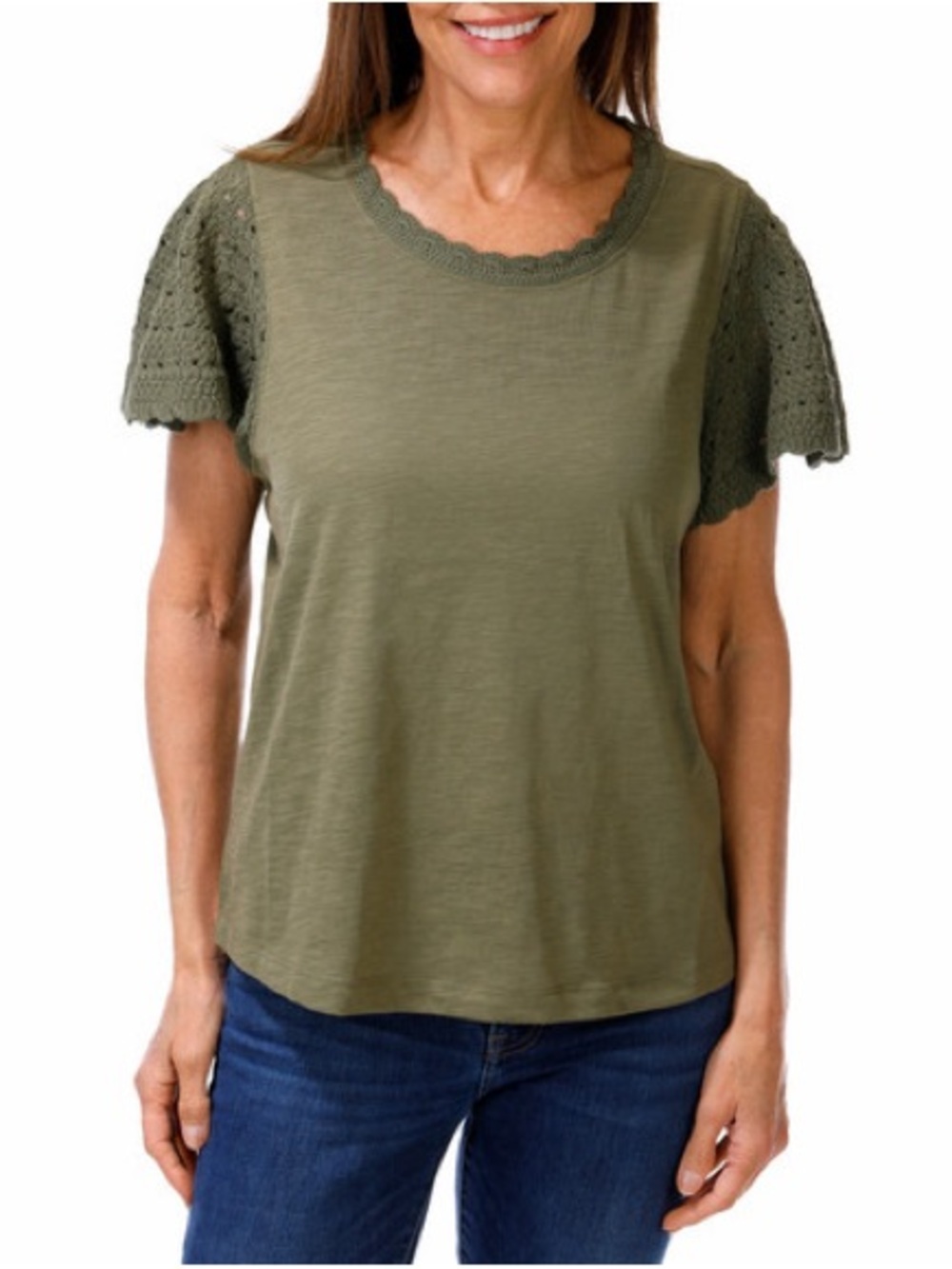 New T.E. by Tracy Evans knit short-sleeve top in olive green